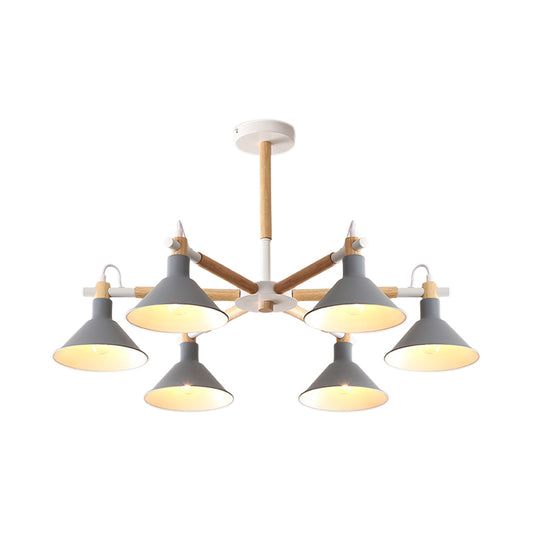 Wood and Metal Horn Shape Hanging Pendant Fixture 6 Bulbs Macaroon Chandelier for Bedroom Clearhalo 'Ceiling Lights' 'Chandeliers' Lighting' options 191403