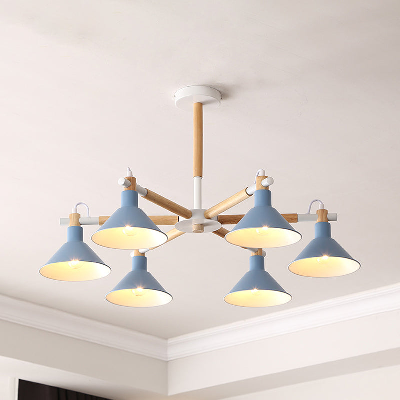 Wood and Metal Horn Shape Hanging Pendant Fixture 6 Bulbs Macaroon Chandelier for Bedroom Clearhalo 'Ceiling Lights' 'Chandeliers' Lighting' options 191404