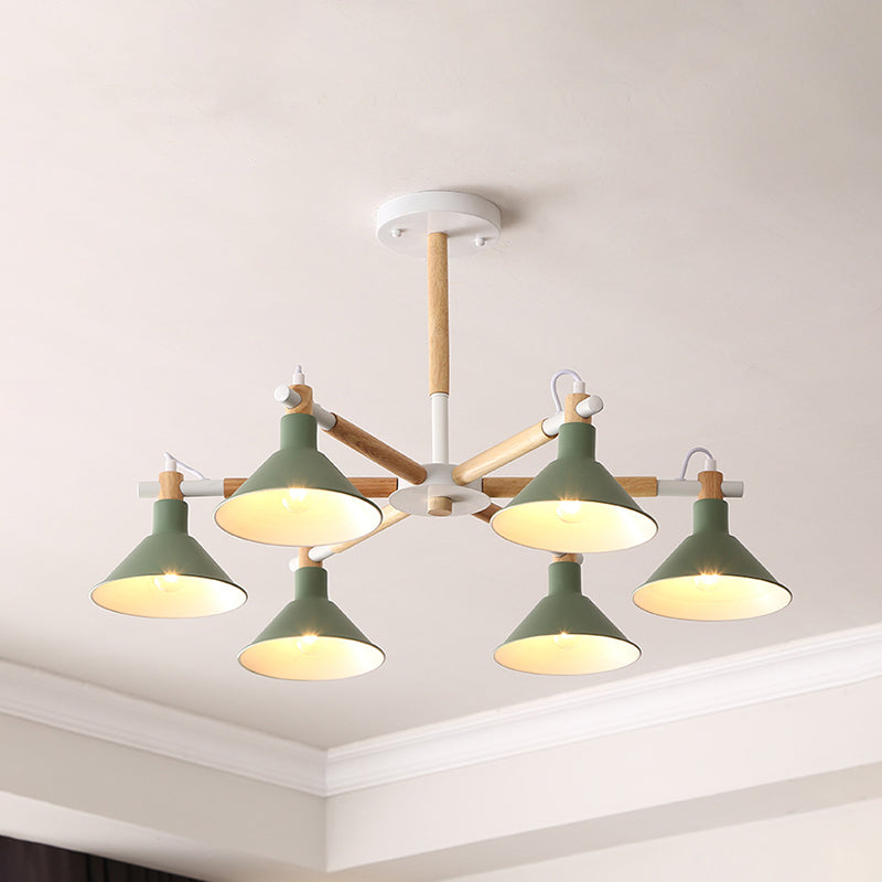 Wood and Metal Horn Shape Hanging Pendant Fixture 6 Bulbs Macaroon Chandelier for Bedroom Clearhalo 'Ceiling Lights' 'Chandeliers' Lighting' options 191408