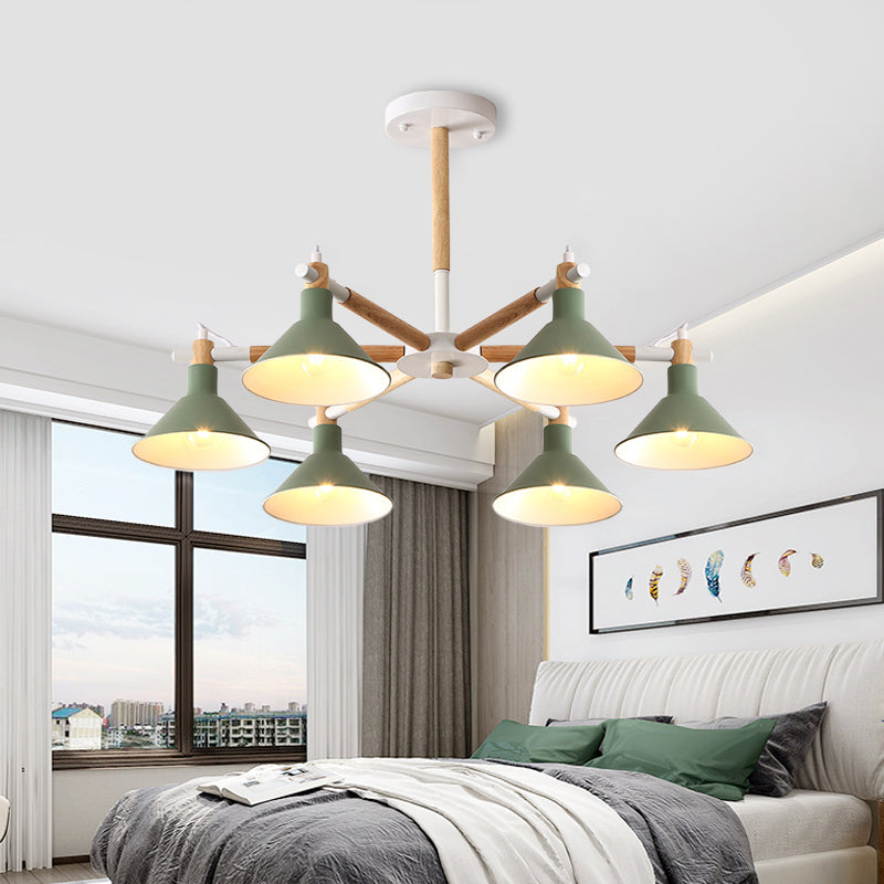 Wood and Metal Horn Shape Hanging Pendant Fixture 6 Bulbs Macaroon Chandelier for Bedroom Clearhalo 'Ceiling Lights' 'Chandeliers' Lighting' options 191410