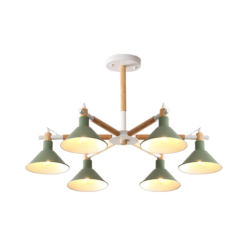 Wood and Metal Horn Shape Hanging Pendant Fixture 6 Bulbs Macaroon Chandelier for Bedroom Clearhalo 'Ceiling Lights' 'Chandeliers' Lighting' options 191411