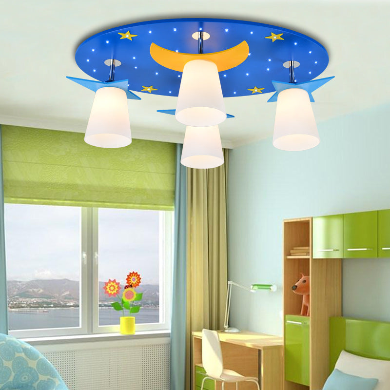 Cartoon Night View Ceiling Mount Light with Coolie Shade Wood 4 Head Blue Ceiling Lamp for Baby Room Blue Clearhalo 'Ceiling Lights' 'Close To Ceiling Lights' 'Close to ceiling' 'Glass shade' 'Glass' 'Semi-flushmount' Lighting' 191413