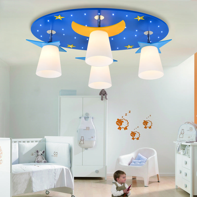 Cartoon Night View Ceiling Mount Light with Coolie Shade Wood 4 Head Blue Ceiling Lamp for Baby Room Clearhalo 'Ceiling Lights' 'Close To Ceiling Lights' 'Close to ceiling' 'Glass shade' 'Glass' 'Semi-flushmount' Lighting' 191414