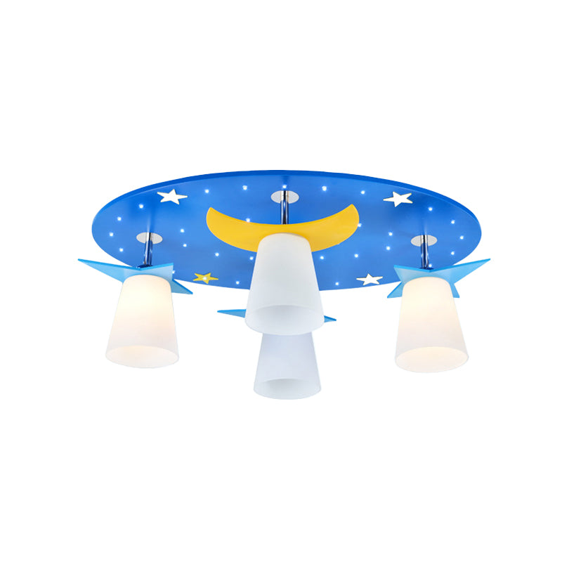 Cartoon Night View Ceiling Mount Light with Coolie Shade Wood 4 Head Blue Ceiling Lamp for Baby Room Clearhalo 'Ceiling Lights' 'Close To Ceiling Lights' 'Close to ceiling' 'Glass shade' 'Glass' 'Semi-flushmount' Lighting' 191415