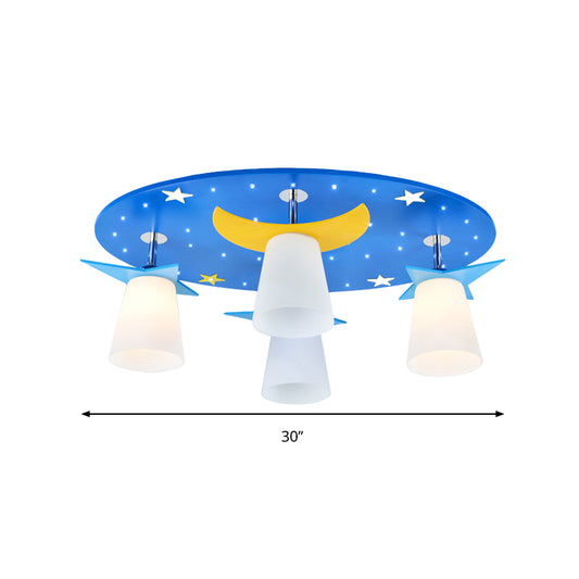 Cartoon Night View Ceiling Mount Light with Coolie Shade Wood 4 Head Blue Ceiling Lamp for Baby Room Clearhalo 'Ceiling Lights' 'Close To Ceiling Lights' 'Close to ceiling' 'Glass shade' 'Glass' 'Semi-flushmount' Lighting' 191416