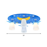 Cartoon Night View Ceiling Mount Light with Coolie Shade Wood 4 Head Blue Ceiling Lamp for Baby Room Clearhalo 'Ceiling Lights' 'Close To Ceiling Lights' 'Close to ceiling' 'Glass shade' 'Glass' 'Semi-flushmount' Lighting' 191416