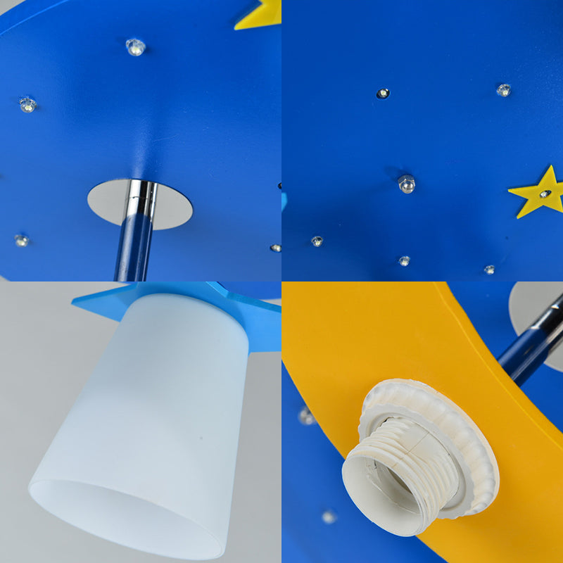 Cartoon Night View Ceiling Mount Light with Coolie Shade Wood 4 Head Blue Ceiling Lamp for Baby Room Clearhalo 'Ceiling Lights' 'Close To Ceiling Lights' 'Close to ceiling' 'Glass shade' 'Glass' 'Semi-flushmount' Lighting' 191417
