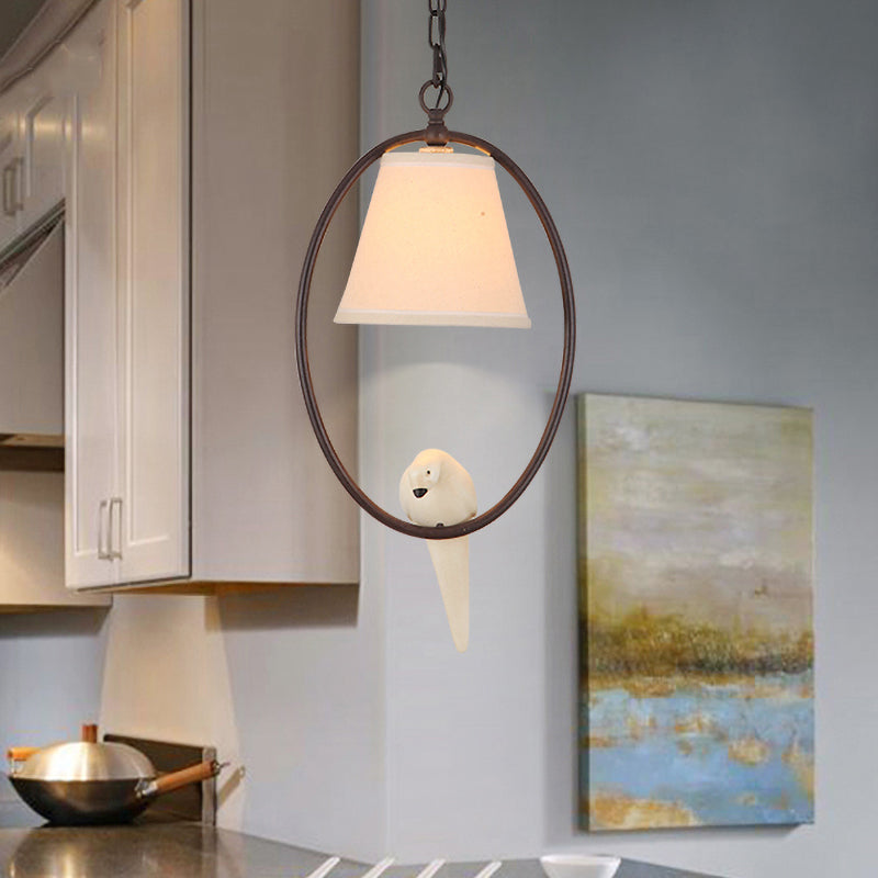 Metal Oval Hanging Light with Bird & Shade 1 Head Rustic Pendant Light in Beige for Balcony Clearhalo 'Ceiling Lights' 'Pendant Lights' 'Pendants' Lighting' 191603