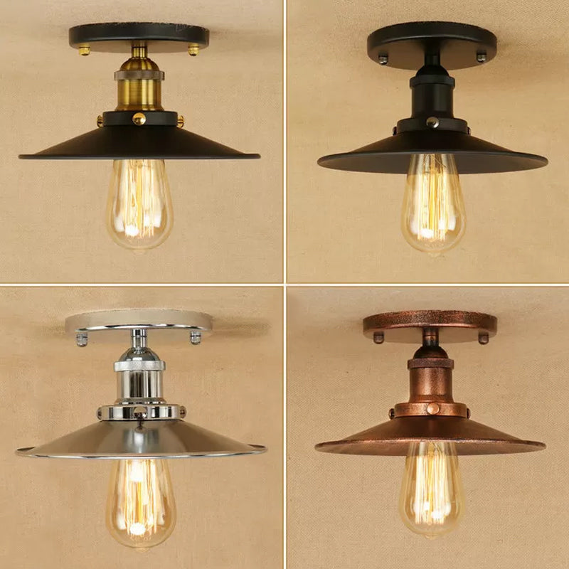 Iron Rust/Chrome/Black Semi Flush Wide Flared 1 Light Warehouse Style Flush Mount Ceiling Light Clearhalo 'Ceiling Lights' 'Close To Ceiling Lights' 'Close to ceiling' 'Semi-flushmount' Lighting' 1916491