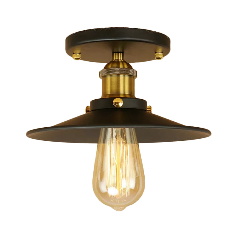 Iron Rust/Chrome/Black Semi Flush Wide Flared 1 Light Warehouse Style Flush Mount Ceiling Light Clearhalo 'Ceiling Lights' 'Close To Ceiling Lights' 'Close to ceiling' 'Semi-flushmount' Lighting' 1916493