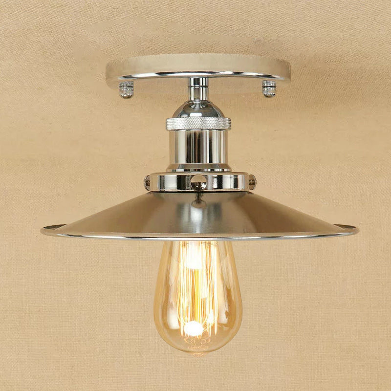 Iron Rust/Chrome/Black Semi Flush Wide Flared 1 Light Warehouse Style Flush Mount Ceiling Light Chrome Clearhalo 'Ceiling Lights' 'Close To Ceiling Lights' 'Close to ceiling' 'Semi-flushmount' Lighting' 1916497