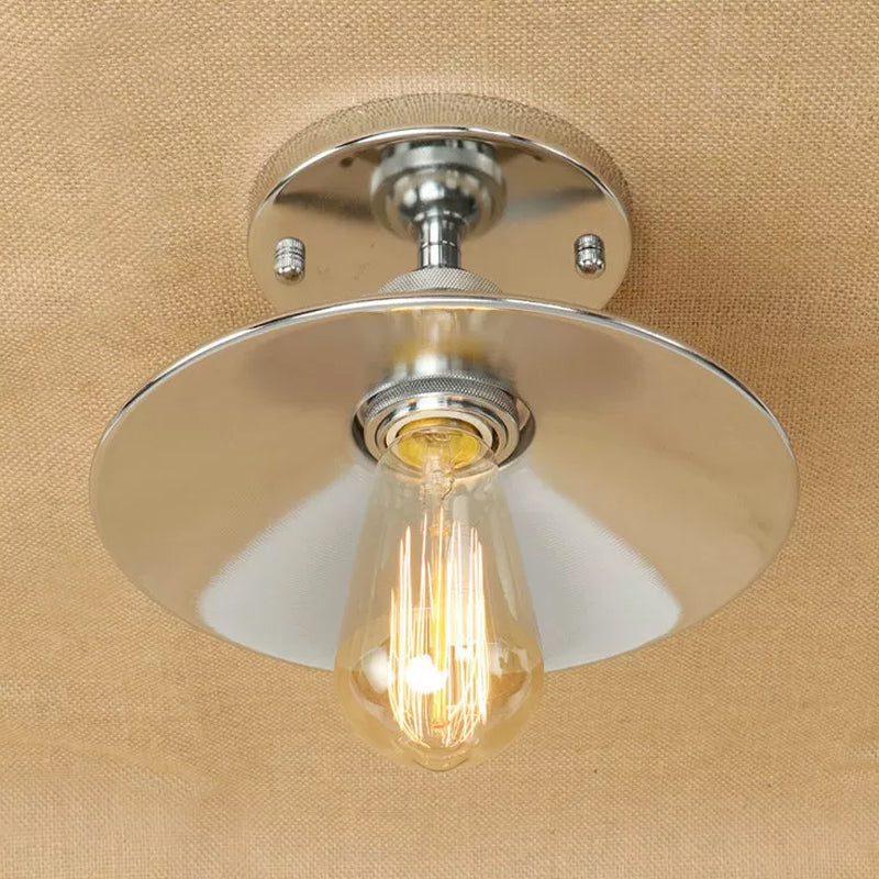 Iron Rust/Chrome/Black Semi Flush Wide Flared 1 Light Warehouse Style Flush Mount Ceiling Light Clearhalo 'Ceiling Lights' 'Close To Ceiling Lights' 'Close to ceiling' 'Semi-flushmount' Lighting' 1916498