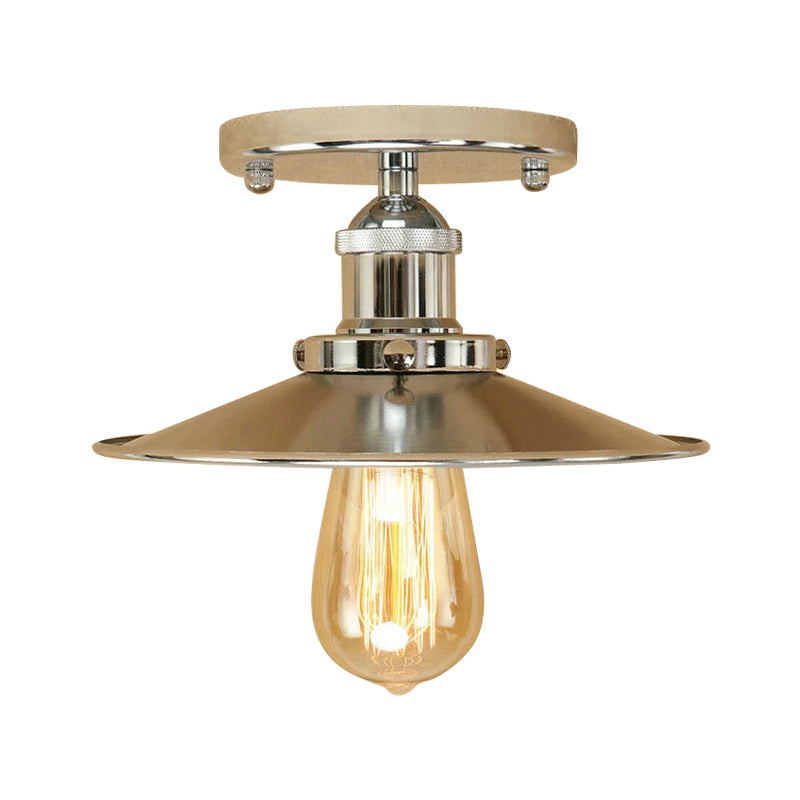 Iron Rust/Chrome/Black Semi Flush Wide Flared 1 Light Warehouse Style Flush Mount Ceiling Light Clearhalo 'Ceiling Lights' 'Close To Ceiling Lights' 'Close to ceiling' 'Semi-flushmount' Lighting' 1916499