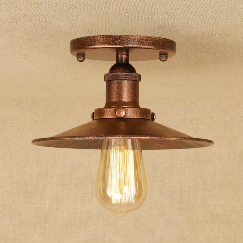 Iron Rust/Chrome/Black Semi Flush Wide Flared 1 Light Warehouse Style Flush Mount Ceiling Light Rust Clearhalo 'Ceiling Lights' 'Close To Ceiling Lights' 'Close to ceiling' 'Semi-flushmount' Lighting' 1916502