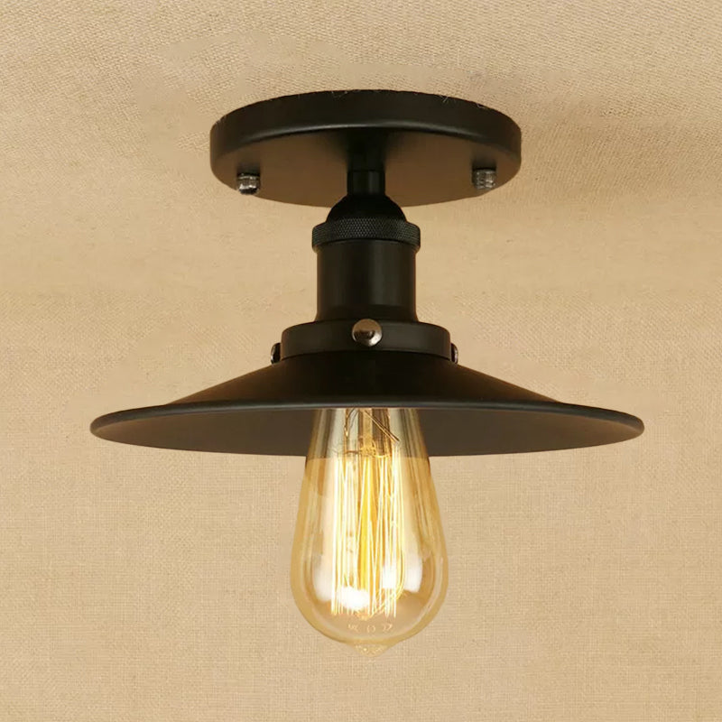 Iron Rust/Chrome/Black Semi Flush Wide Flared 1 Light Warehouse Style Flush Mount Ceiling Light Black Clearhalo 'Ceiling Lights' 'Close To Ceiling Lights' 'Close to ceiling' 'Semi-flushmount' Lighting' 1916504