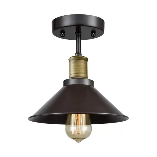 Black Conic Semi Flush Ceiling Light Factory Iron Single Bistro Flush Mounted Lamp Clearhalo 'Ceiling Lights' 'Close To Ceiling Lights' 'Close to ceiling' 'Semi-flushmount' Lighting' 1916514
