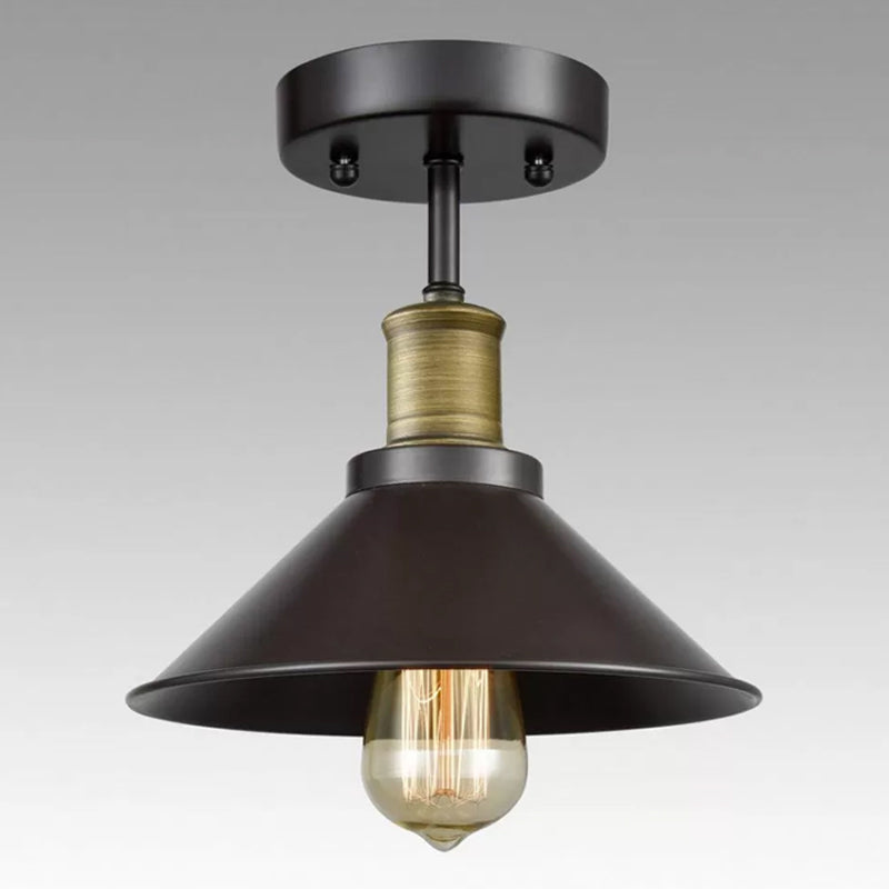 Black Conic Semi Flush Ceiling Light Factory Iron Single Bistro Flush Mounted Lamp Clearhalo 'Ceiling Lights' 'Close To Ceiling Lights' 'Close to ceiling' 'Semi-flushmount' Lighting' 1916516