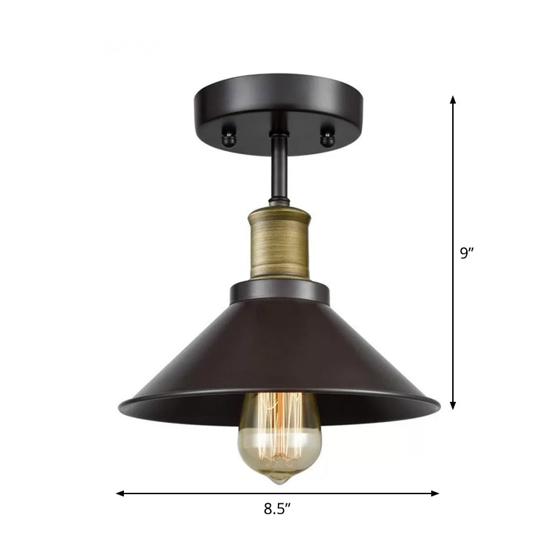 Black Conic Semi Flush Ceiling Light Factory Iron Single Bistro Flush Mounted Lamp Clearhalo 'Ceiling Lights' 'Close To Ceiling Lights' 'Close to ceiling' 'Semi-flushmount' Lighting' 1916517