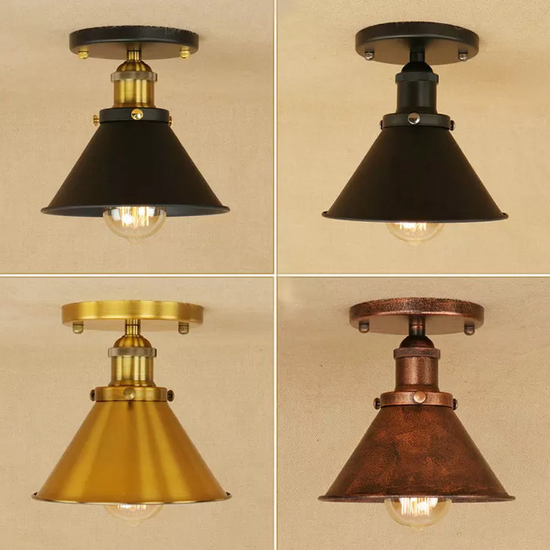 Cone Shade Mini Foyer Ceiling Lamp Industrial Iron 1-Light Rust/Black/Copper Semi Mount Lighting Clearhalo 'Ceiling Lights' 'Close To Ceiling Lights' 'Close to ceiling' 'Semi-flushmount' Lighting' 1916518