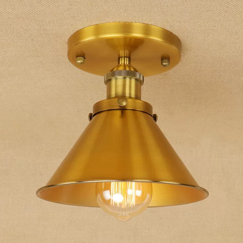 Cone Shade Mini Foyer Ceiling Lamp Industrial Iron 1-Light Rust/Black/Copper Semi Mount Lighting Bronze Clearhalo 'Ceiling Lights' 'Close To Ceiling Lights' 'Close to ceiling' 'Semi-flushmount' Lighting' 1916519