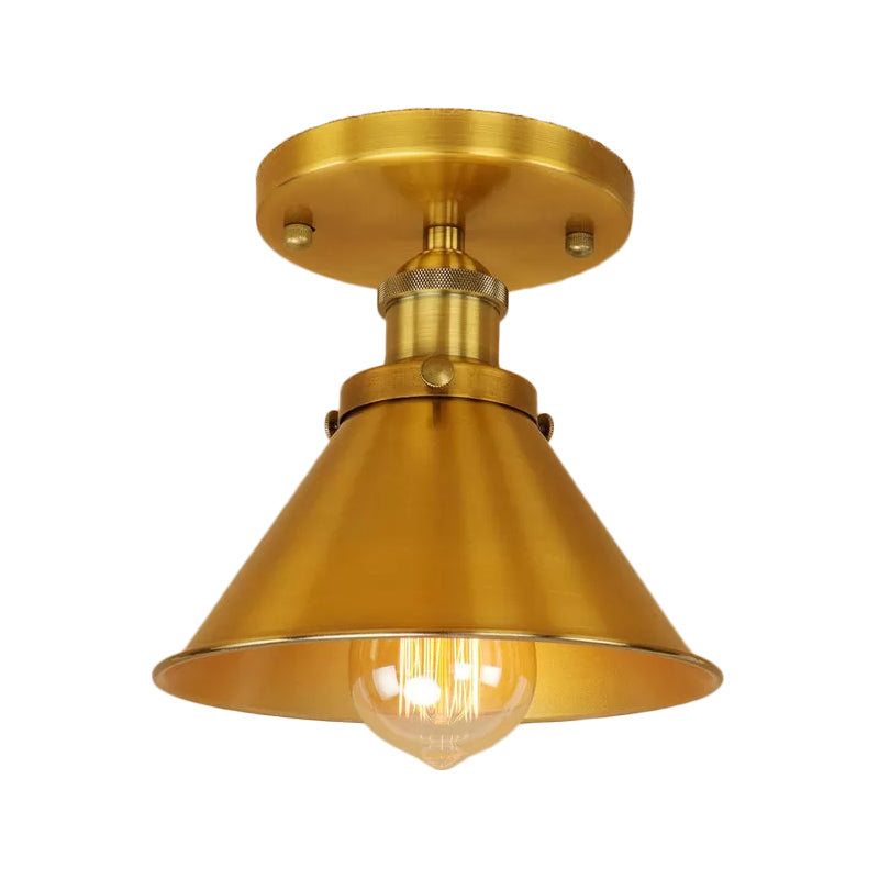 Cone Shade Mini Foyer Ceiling Lamp Industrial Iron 1-Light Rust/Black/Copper Semi Mount Lighting Clearhalo 'Ceiling Lights' 'Close To Ceiling Lights' 'Close to ceiling' 'Semi-flushmount' Lighting' 1916520