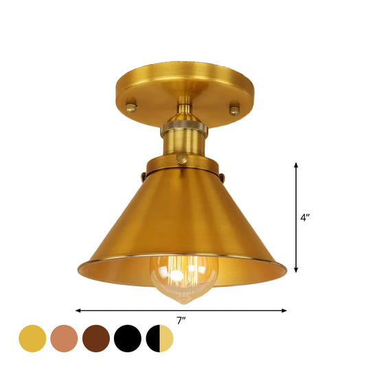 Cone Shade Mini Foyer Ceiling Lamp Industrial Iron 1-Light Rust/Black/Copper Semi Mount Lighting Clearhalo 'Ceiling Lights' 'Close To Ceiling Lights' 'Close to ceiling' 'Semi-flushmount' Lighting' 1916521