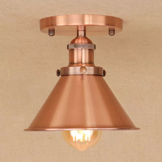 Cone Shade Mini Foyer Ceiling Lamp Industrial Iron 1-Light Rust/Black/Copper Semi Mount Lighting Copper Clearhalo 'Ceiling Lights' 'Close To Ceiling Lights' 'Close to ceiling' 'Semi-flushmount' Lighting' 1916522