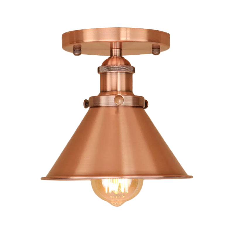 Cone Shade Mini Foyer Ceiling Lamp Industrial Iron 1-Light Rust/Black/Copper Semi Mount Lighting Clearhalo 'Ceiling Lights' 'Close To Ceiling Lights' 'Close to ceiling' 'Semi-flushmount' Lighting' 1916523