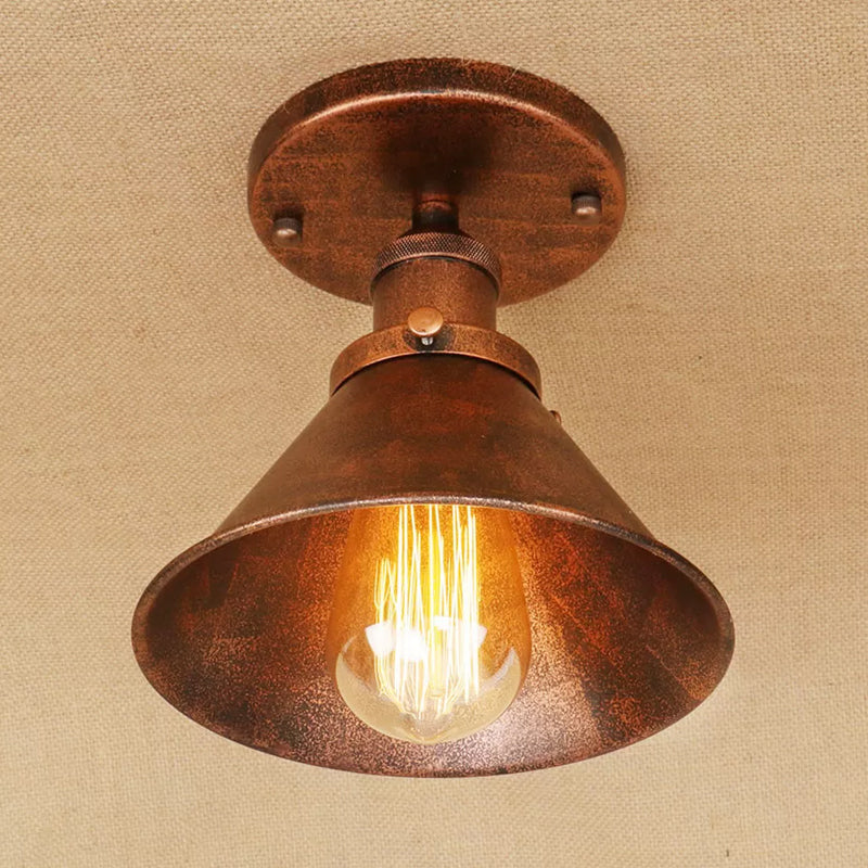 Cone Shade Mini Foyer Ceiling Lamp Industrial Iron 1-Light Rust/Black/Copper Semi Mount Lighting Rust Clearhalo 'Ceiling Lights' 'Close To Ceiling Lights' 'Close to ceiling' 'Semi-flushmount' Lighting' 1916524