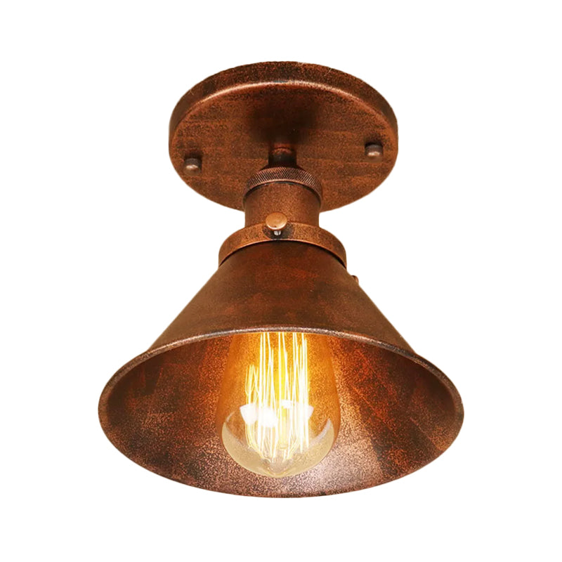 Cone Shade Mini Foyer Ceiling Lamp Industrial Iron 1-Light Rust/Black/Copper Semi Mount Lighting Clearhalo 'Ceiling Lights' 'Close To Ceiling Lights' 'Close to ceiling' 'Semi-flushmount' Lighting' 1916525
