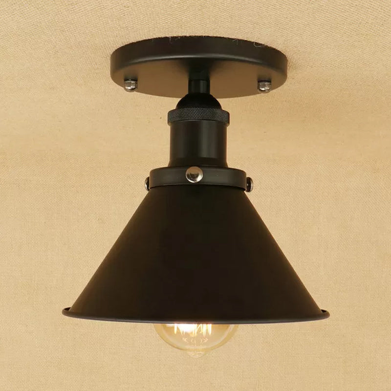 Cone Shade Mini Foyer Ceiling Lamp Industrial Iron 1-Light Rust/Black/Copper Semi Mount Lighting Black Clearhalo 'Ceiling Lights' 'Close To Ceiling Lights' 'Close to ceiling' 'Semi-flushmount' Lighting' 1916526