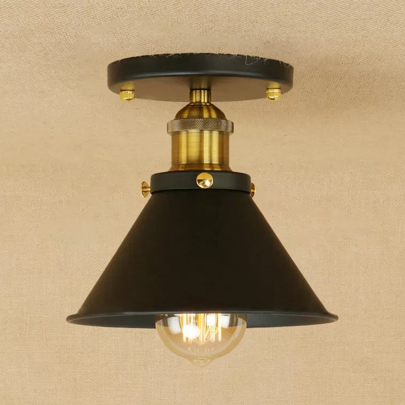 Cone Shade Mini Foyer Ceiling Lamp Industrial Iron 1-Light Rust/Black/Copper Semi Mount Lighting Black-Gold Clearhalo 'Ceiling Lights' 'Close To Ceiling Lights' 'Close to ceiling' 'Semi-flushmount' Lighting' 1916528