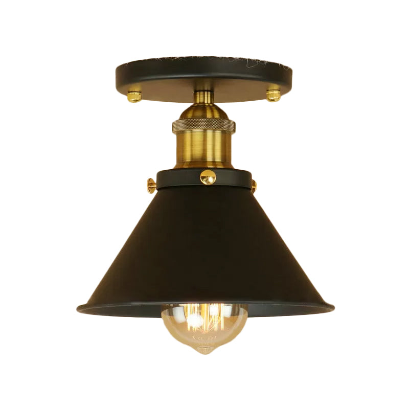 Cone Shade Mini Foyer Ceiling Lamp Industrial Iron 1-Light Rust/Black/Copper Semi Mount Lighting Clearhalo 'Ceiling Lights' 'Close To Ceiling Lights' 'Close to ceiling' 'Semi-flushmount' Lighting' 1916529