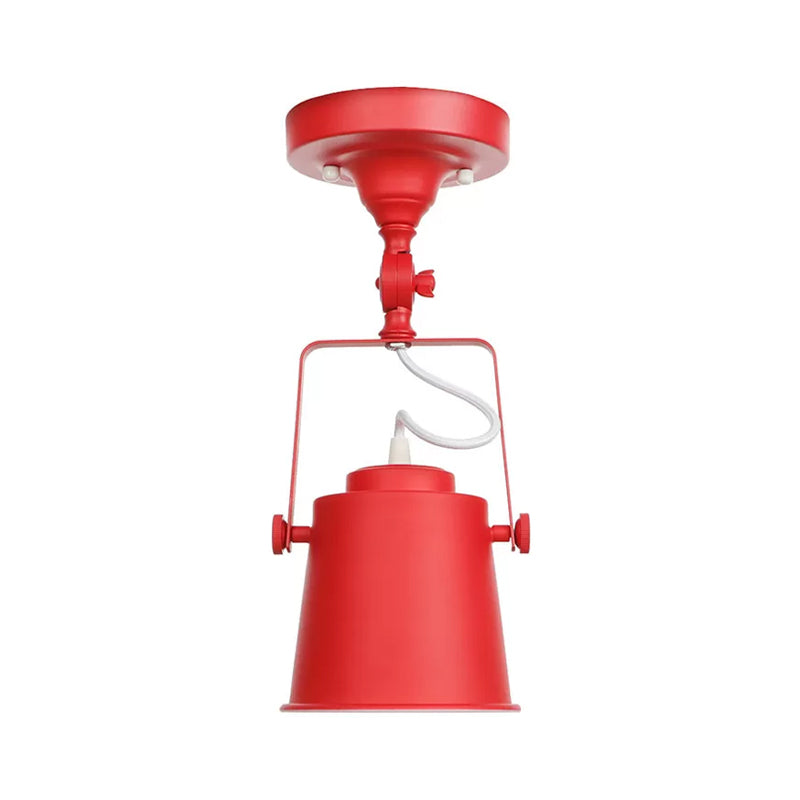 Nordic Bucket Rotatable Ceiling Light 1 Head Iron Semi Flush Mount Lighting with Bracket in Red/Orange/Grey Red Clearhalo 'Ceiling Lights' 'Close To Ceiling Lights' 'Close to ceiling' 'Semi-flushmount' Lighting' 1916534