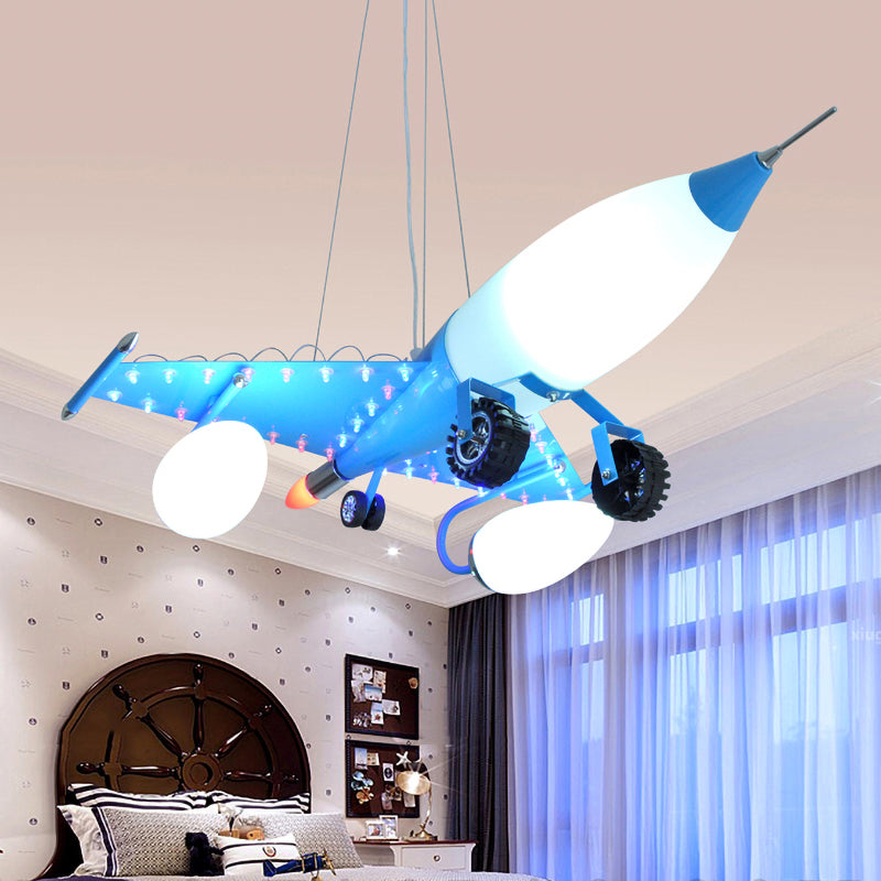 Blue Airplane Chandelier Light 4 Lights Opal Glass Kids Pendant Light for Boy Bedroom Blue Clearhalo 'Ceiling Lights' 'Pendant Lights' 'Pendants' Lighting' 191669_97b9e61a-0a5d-4c3b-863b-e6aac072fb3a