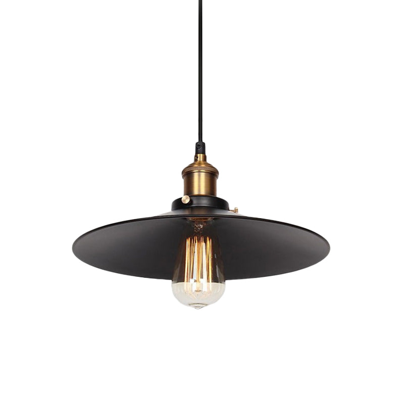 Factory Flying Saucer Ceiling Pendant 8.5"/12" Wide Single-Bulb Metal Hanging Lamp in Black Clearhalo 'Art Deco Pendants' 'Black' 'Cast Iron' 'Ceiling Lights' 'Ceramic' 'Crystal' 'Industrial Pendants' 'Industrial' 'Metal' 'Middle Century Pendants' 'Pendant Lights' 'Pendants' 'Rustic Pendants' 'Tiffany' Lighting' 1916708