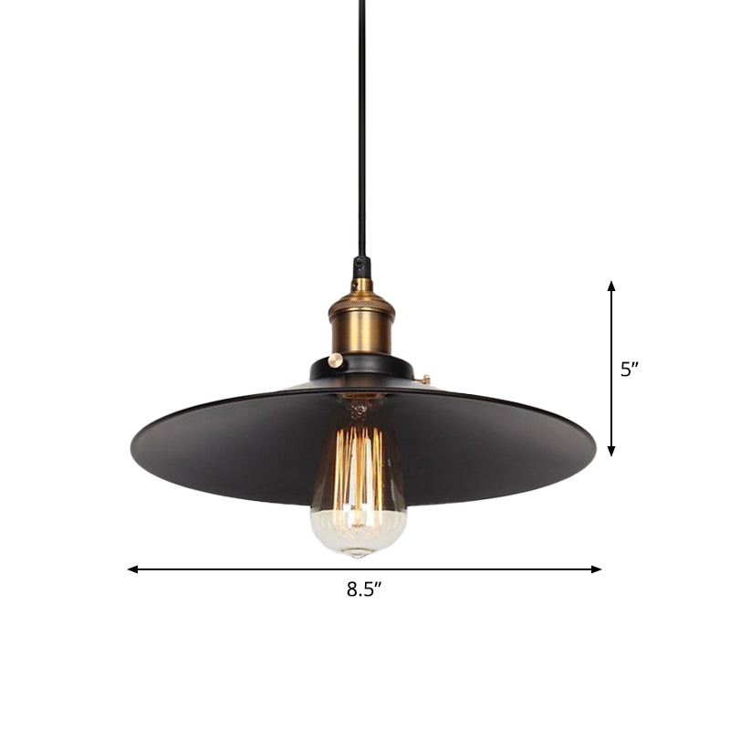 Factory Flying Saucer Ceiling Pendant 8.5"/12" Wide Single-Bulb Metal Hanging Lamp in Black Clearhalo 'Art Deco Pendants' 'Black' 'Cast Iron' 'Ceiling Lights' 'Ceramic' 'Crystal' 'Industrial Pendants' 'Industrial' 'Metal' 'Middle Century Pendants' 'Pendant Lights' 'Pendants' 'Rustic Pendants' 'Tiffany' Lighting' 1916710