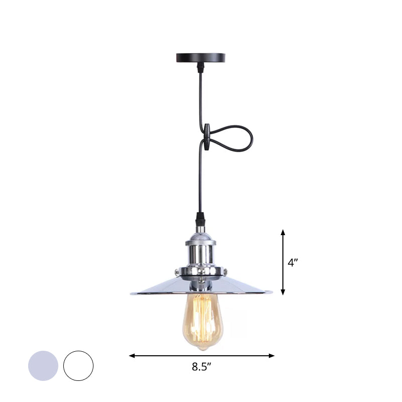 Warehouse Flared Hanging Light Fixture 1 Head Iron Ceiling Suspension Lamp in White/Chrome Clearhalo 'Art Deco Pendants' 'Cast Iron' 'Ceiling Lights' 'Ceramic' 'Crystal' 'Industrial Pendants' 'Industrial' 'Metal' 'Middle Century Pendants' 'Pendant Lights' 'Pendants' 'Tiffany' Lighting' 1916747