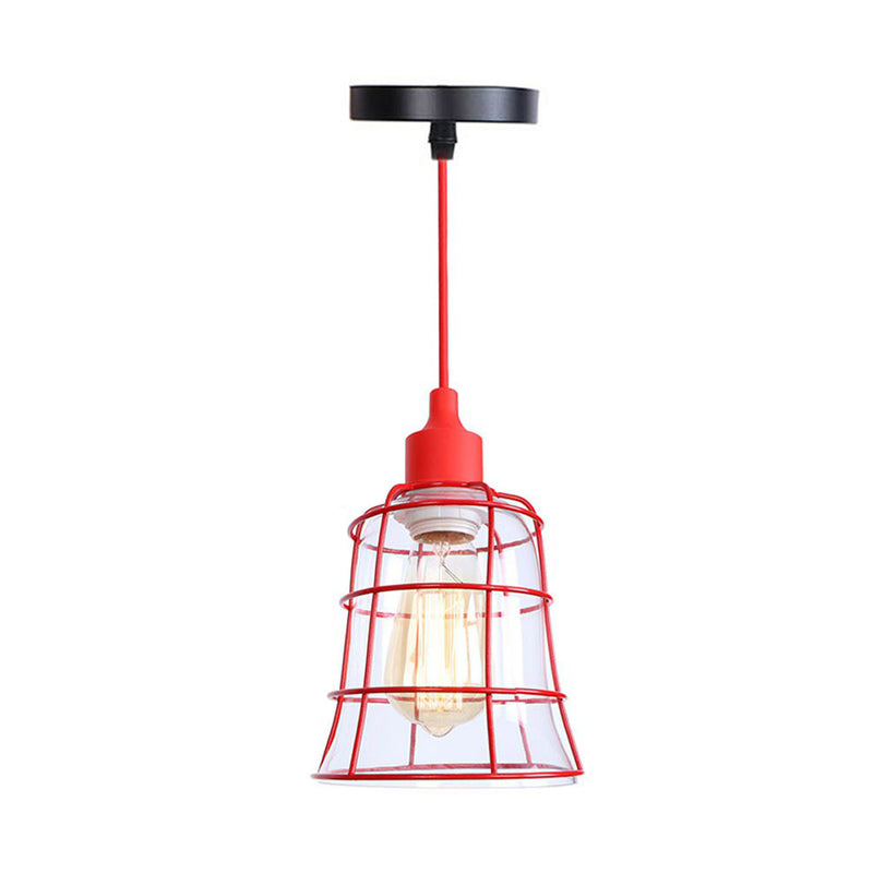 Single Iron Hanging Lamp Kit Industrial Red Tapered/Cage/Wide Flared Living Room Ceiling Pendant Light Red B Clearhalo 'Art Deco Pendants' 'Cast Iron' 'Ceiling Lights' 'Ceramic' 'Crystal' 'Industrial Pendants' 'Industrial' 'Metal' 'Middle Century Pendants' 'Pendant Lights' 'Pendants' 'Tiffany' Lighting' 1916798