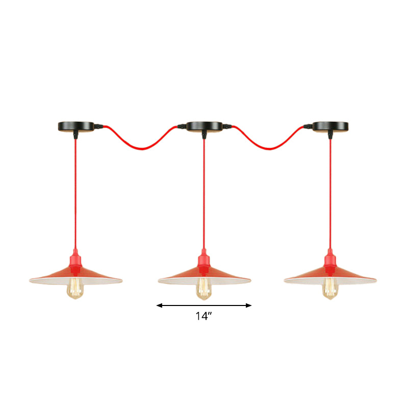 Red Saucer Suspension Lighting Factory Metal 1/3-Head Living Room Swag Pendant Light Clearhalo 'Art Deco Pendants' 'Cast Iron' 'Ceiling Lights' 'Ceramic' 'Crystal' 'Industrial Pendants' 'Industrial' 'Metal' 'Middle Century Pendants' 'Pendant Lights' 'Pendants' 'Tiffany' Lighting' 1916825