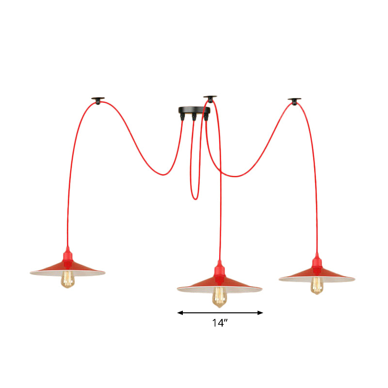 Red Saucer Suspension Lighting Factory Metal 1/3-Head Living Room Swag Pendant Light Clearhalo 'Art Deco Pendants' 'Cast Iron' 'Ceiling Lights' 'Ceramic' 'Crystal' 'Industrial Pendants' 'Industrial' 'Metal' 'Middle Century Pendants' 'Pendant Lights' 'Pendants' 'Tiffany' Lighting' 1916831