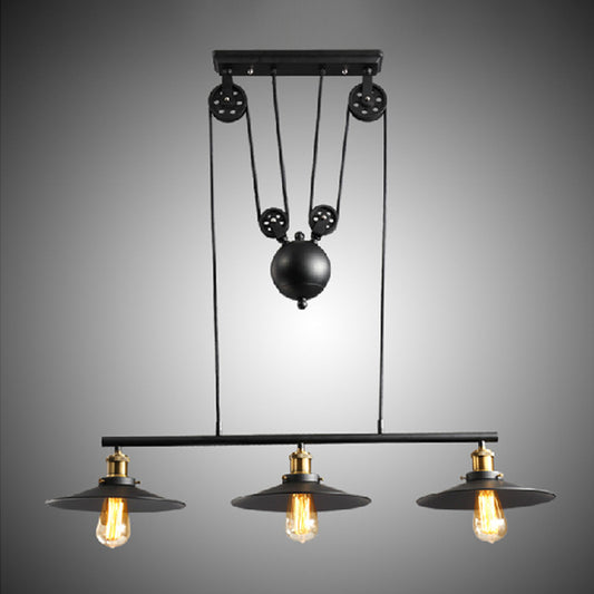 Black Flared Shade Island Lamp Rustic Metallic 3 Heads Dining Room Pendant Light with Pulley Black Clearhalo 'Ceiling Lights' 'Island Lights' Lighting' 1916832