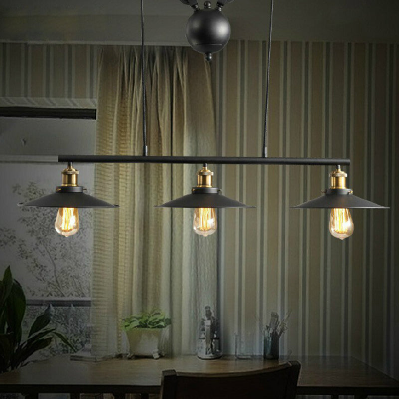 Black Flared Shade Island Lamp Rustic Metallic 3 Heads Dining Room Pendant Light with Pulley Clearhalo 'Ceiling Lights' 'Island Lights' Lighting' 1916833