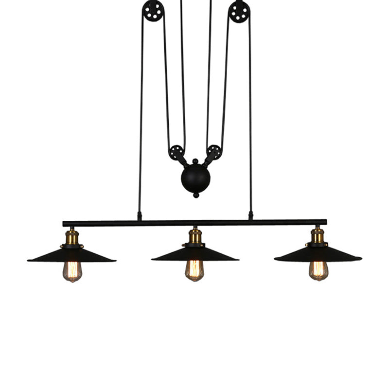 Black Flared Shade Island Lamp Rustic Metallic 3 Heads Dining Room Pendant Light with Pulley Clearhalo 'Ceiling Lights' 'Island Lights' Lighting' 1916834