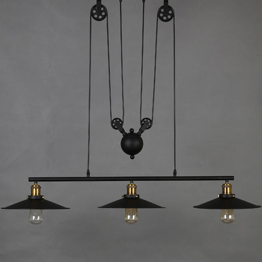 Black Flared Shade Island Lamp Rustic Metallic 3 Heads Dining Room Pendant Light with Pulley Clearhalo 'Ceiling Lights' 'Island Lights' Lighting' 1916835