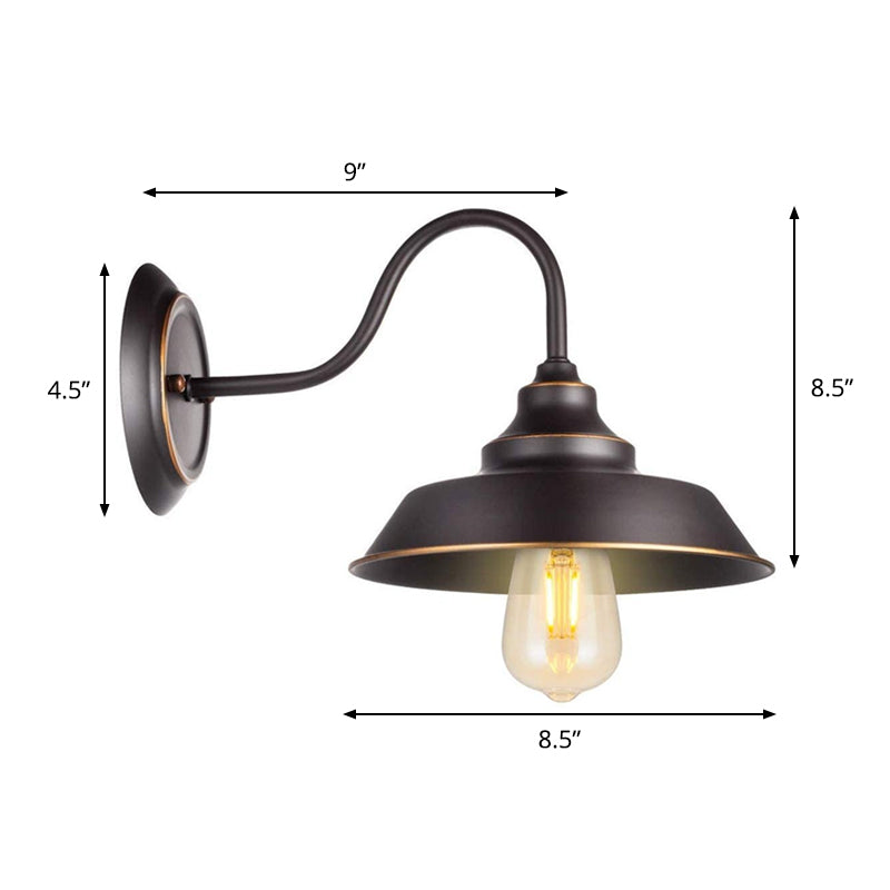 1-Head Gooseneck Wall Mounted Lighting Rustic Washroom Wall Lamp with Barn Iron Shade in Black Clearhalo 'Art deco wall lights' 'Cast Iron' 'Glass' 'Industrial wall lights' 'Industrial' 'Middle century wall lights' 'Modern' 'Rustic wall lights' 'Tiffany' 'Traditional wall lights' 'Wall Lamps & Sconces' 'Wall Lights' Lighting' 1916957