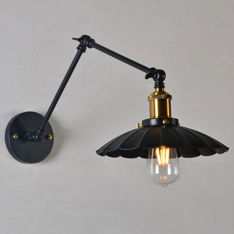 Loft Style Scalloped Wall Lamp 1 Head Iron Wall Mounted Light with Adjustable Arm in Black, 8"+8"/12"+12" W Black Clearhalo 'Art deco wall lights' 'Cast Iron' 'Glass' 'Industrial wall lights' 'Industrial' 'Middle century wall lights' 'Modern' 'Rustic wall lights' 'Tiffany' 'Traditional wall lights' 'Wall Lamps & Sconces' 'Wall Lights' Lighting' 1916999