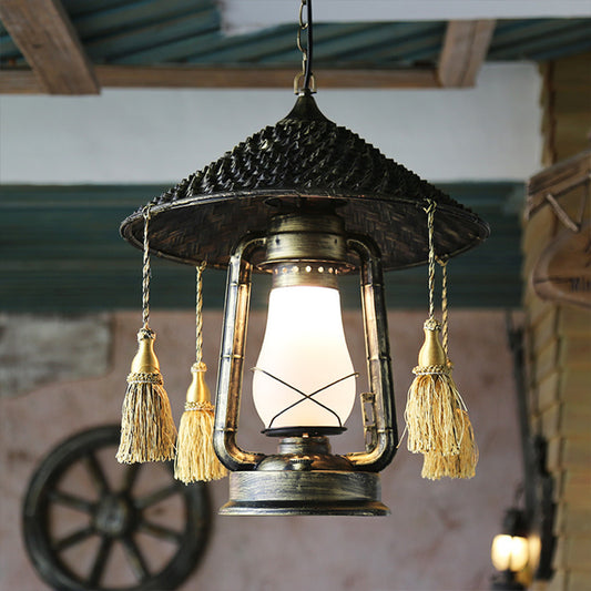 Bronze 1 Head Hanging Pendant Rural Cream Glass Kerosene Ceiling Suspension Lamp with Tassel Knot and Cone Top Bronze Clearhalo 'Art Deco Pendants' 'Cast Iron' 'Ceiling Lights' 'Ceramic' 'Crystal' 'Industrial Pendants' 'Industrial' 'Metal' 'Middle Century Pendants' 'Pendant Lights' 'Pendants' 'Tiffany' Lighting' 1917156