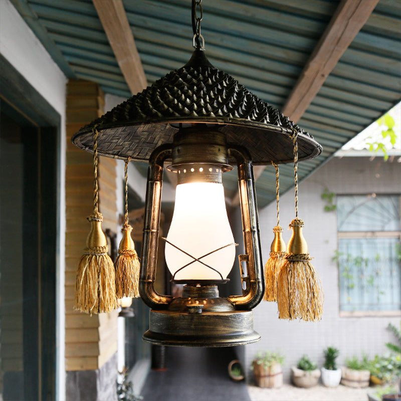 Bronze 1 Head Hanging Pendant Rural Cream Glass Kerosene Ceiling Suspension Lamp with Tassel Knot and Cone Top Clearhalo 'Art Deco Pendants' 'Cast Iron' 'Ceiling Lights' 'Ceramic' 'Crystal' 'Industrial Pendants' 'Industrial' 'Metal' 'Middle Century Pendants' 'Pendant Lights' 'Pendants' 'Tiffany' Lighting' 1917157