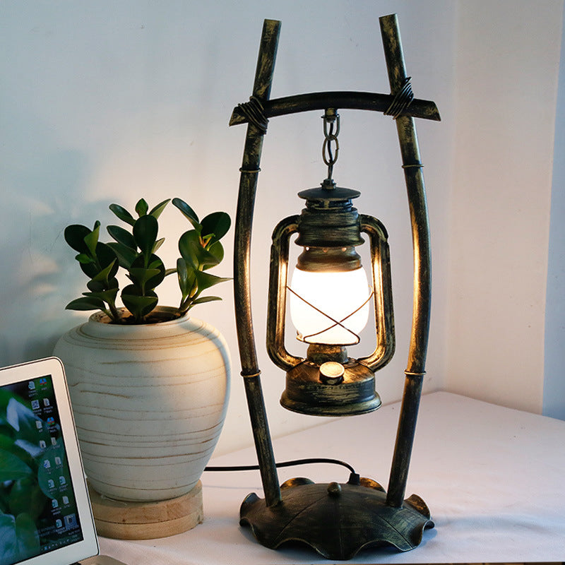 Antiqued Brass Single Night Lamp Farmhouse Opal Glass Kerosene Table Light with Frame and Ruffled Base Brass Clearhalo 'Lamps' 'Table Lamps' Lighting' 1917199
